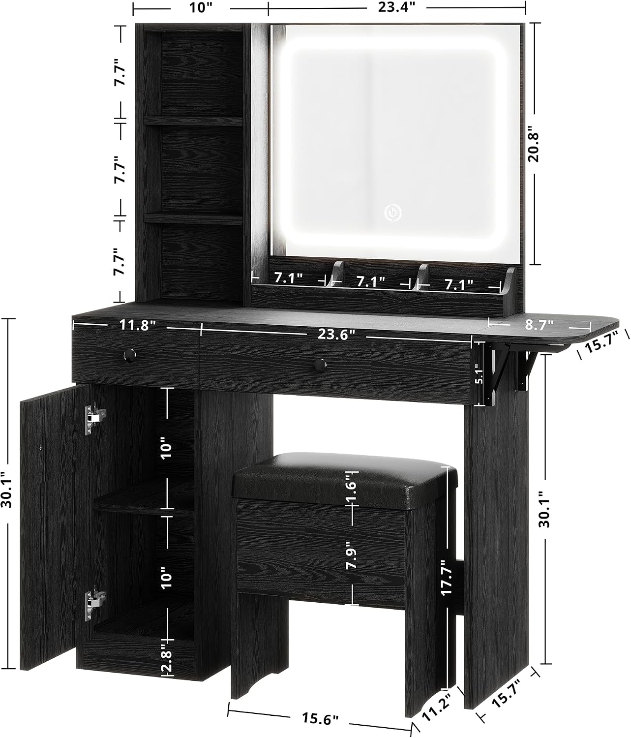 IRONCK Vanity Desk with LED Lighted Mirror & Power Outlet, Makeup Table with Drawers & Cabinet,Storage Stool,for Bedroom, Black