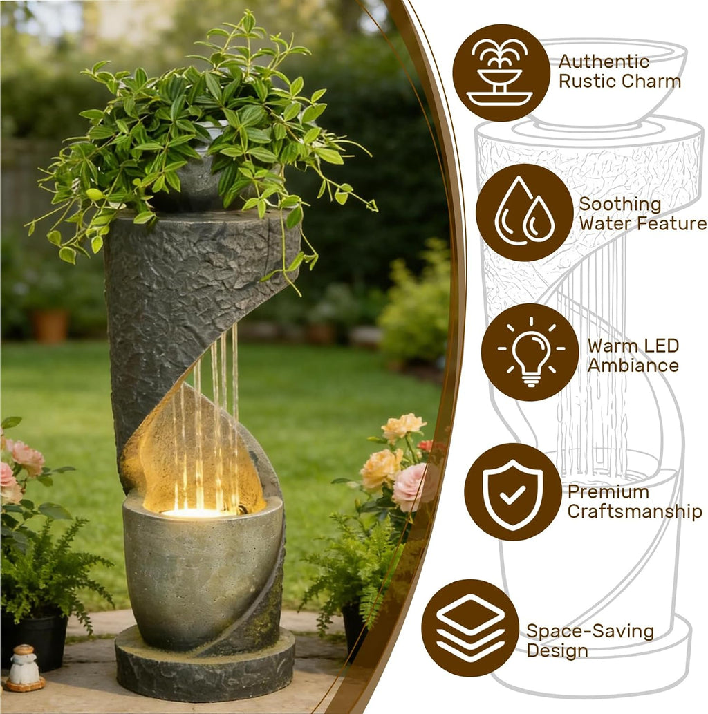 Sunlinua Outdoor Water Fountain with LED Light, Modern Spiral Tiered Outdoor Fountain with Stone Planter Curved Freestanding Waterfall Fountains for Garden Patio Deck Porch