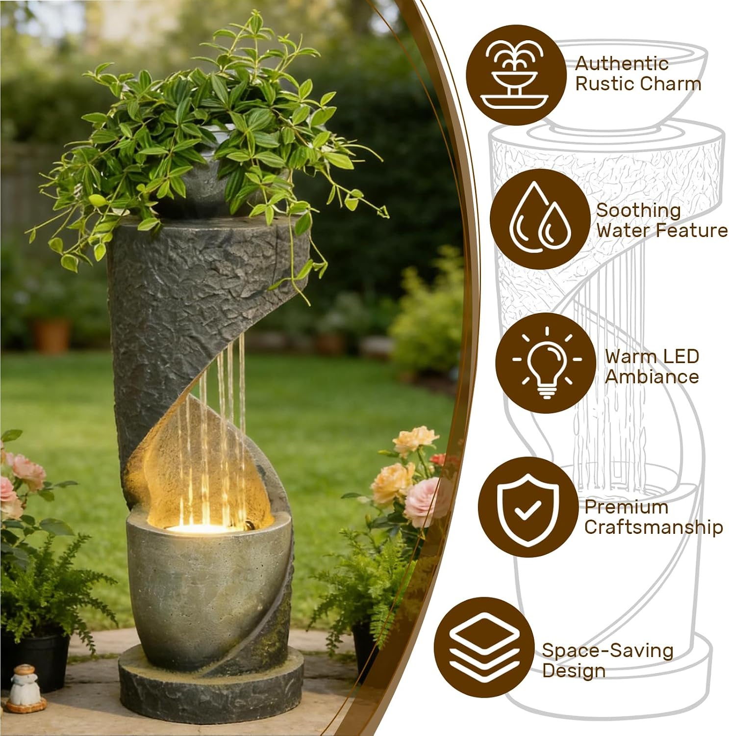 Sunlinua Outdoor Water Fountain with LED Light, Modern Spiral Tiered Outdoor Fountain with Stone Planter Curved Freestanding Waterfall Fountains for Garden Patio Deck Porch