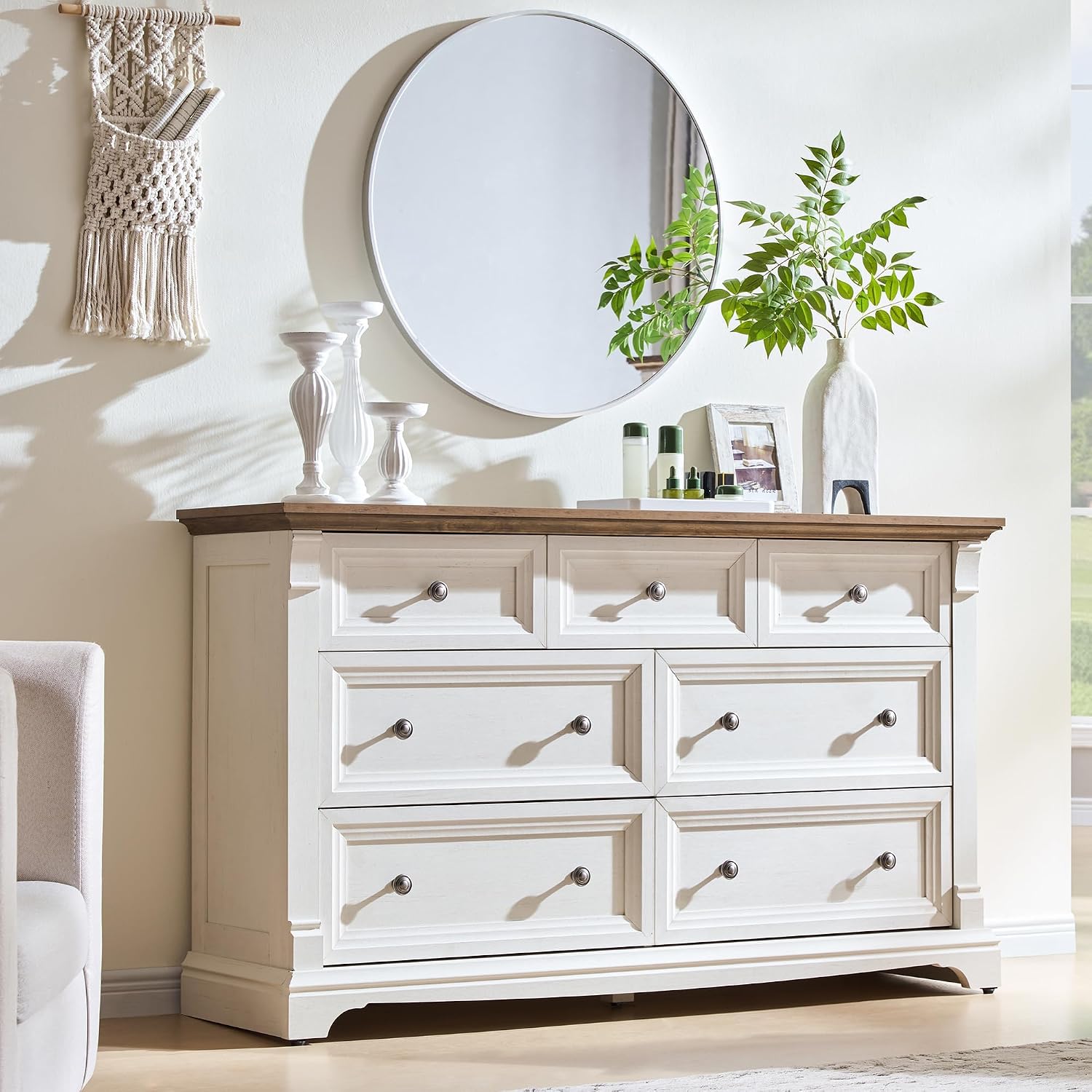 T4TREAM Farmhouse 7 Drawers Dresser for Bedroom, 54' Wide Wood Rustic Chest of Drawers w/Roman Column, Wooden Storage Dressers Organizer for Bedroom, Living Room, Closet, Antique White