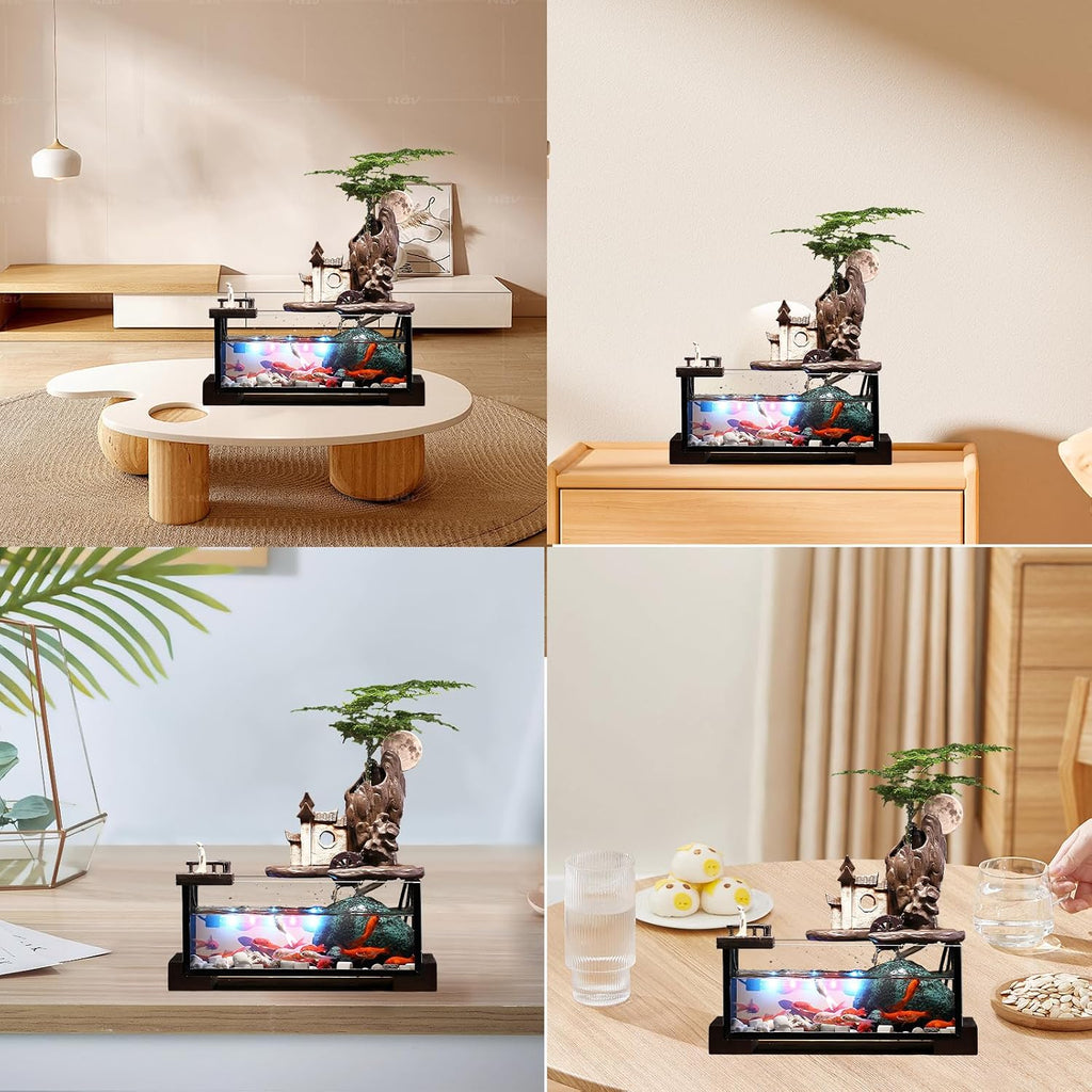 Desktop Ceramic Water Fountain Fish Tank - Adjustable Water Flow with LED Lights | Indoor Decoration Fortune Gifts+15 PCS Free Crystals (Style 4)