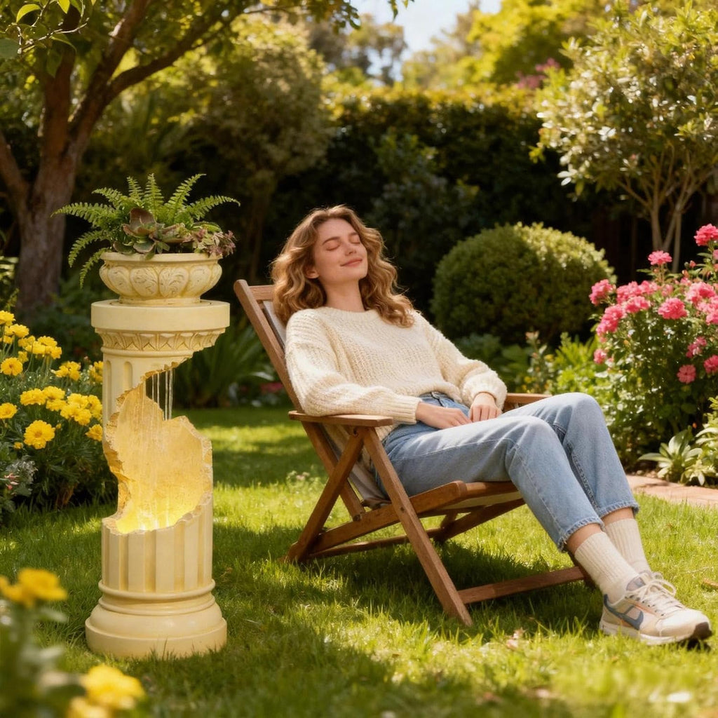 Sunlinua Outdoor Water Fountain with LED Light, Modern Spiral Tiered Outdoor Fountain with Stone Planter Curved Freestanding Waterfall Fountains for Garden Patio Deck Porch
