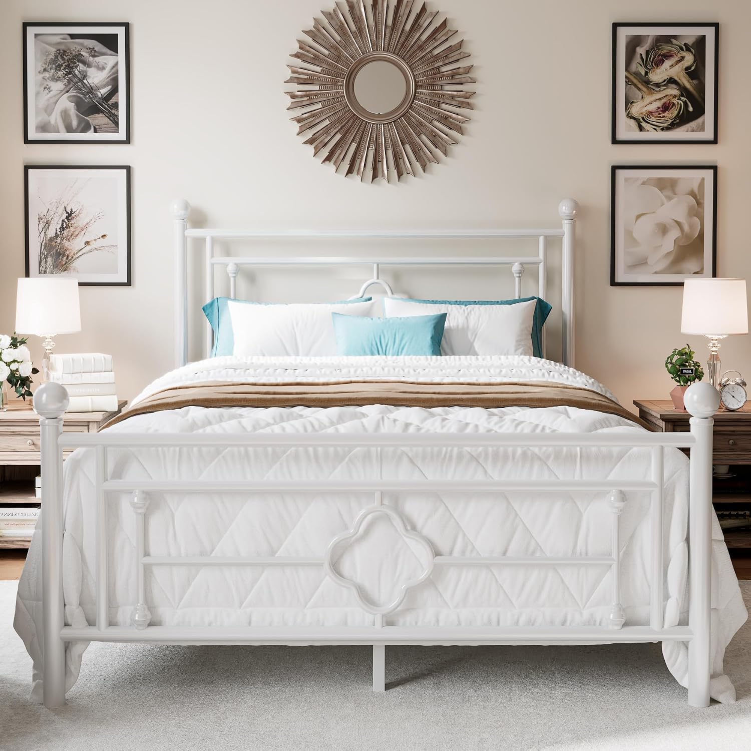 HOOMIC 14 Inch Full Size Metal Platform Bed Frame, Vintage Victorian Style, Wrought Iron Headboard and Footboard/Mattress Foundation for Storage/No Box Spring Required/Easy Assembly/White