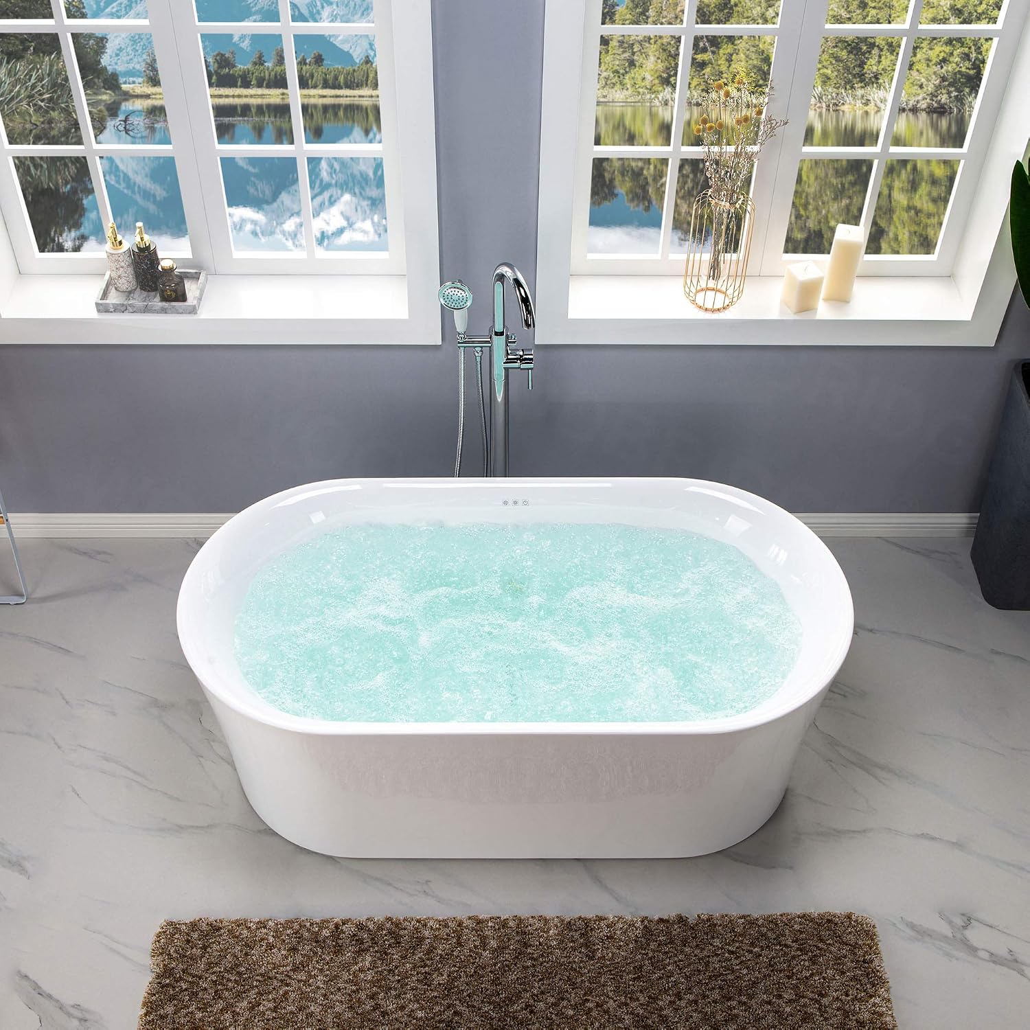 WOODBRIDGE 67' Acrylic Freestanding Bathtub Contemporary Soaking White Tub with Brushed Nickel Overflow and Drain,White,B0101-B