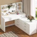Quimoo Vanity Desk with LED Lighted Mirror & Power Outlet, Modern Corner Makeup Vanity Table with 8 Drawers & Open Shelves, Dressing Table for Bedroom, Makeup Room, White