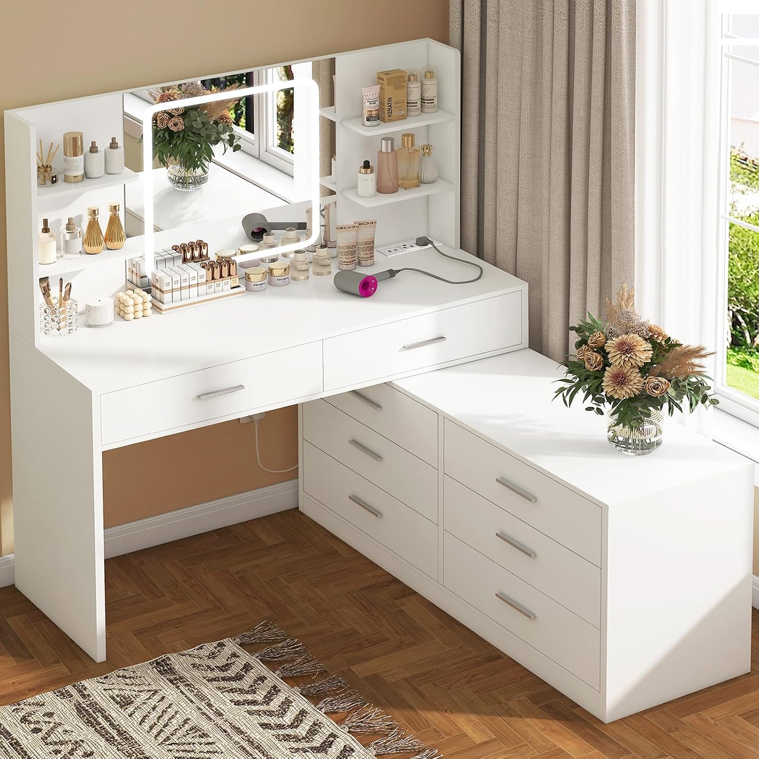 Quimoo Vanity Desk with LED Lighted Mirror & Power Outlet, Modern Corner Makeup Vanity Table with 8 Drawers & Open Shelves, Dressing Table for Bedroom, Makeup Room, White