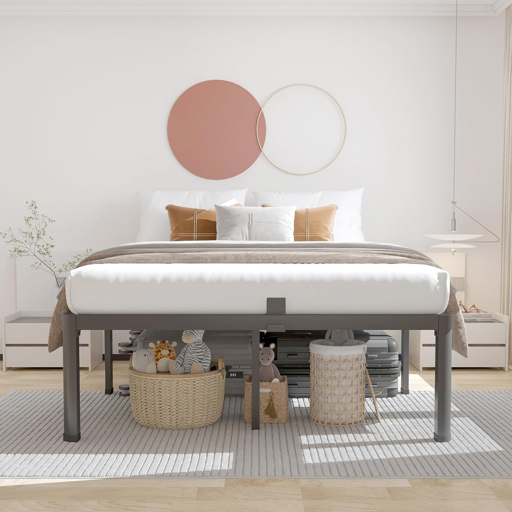 ROIL 16 Inch Queen Bed Frame with Rounded Corner and Headboard Hole Mattress Retainers 3500LBS Metal Heavy Duty Steel Slats No Box Spring Needed Platform Noise-Free Easy Assembly