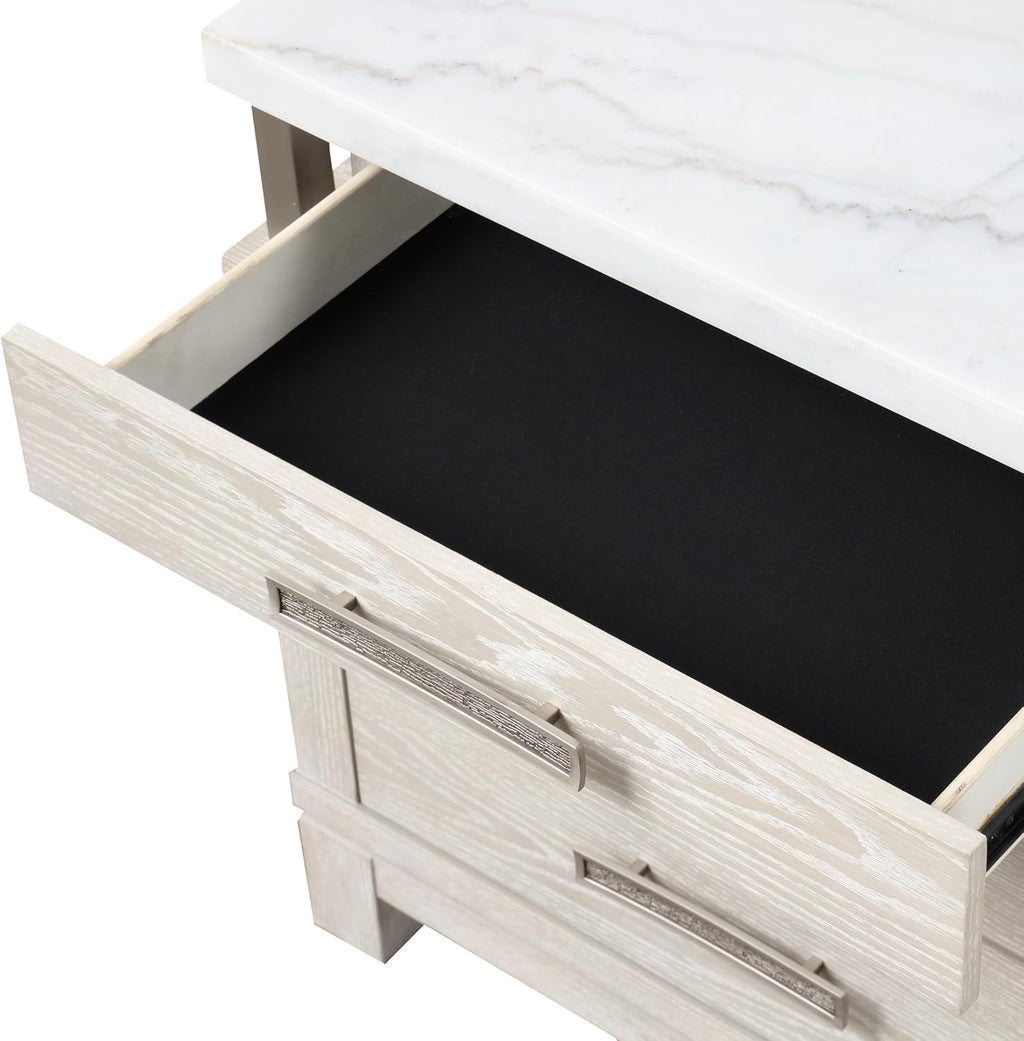 Furniture of America Bailer Modern Solid Wood 5-Piece Bedroom Set with LED on Headboard, Stainless Steal Posts and Marble Top on Nightstand, Box Spring Needed, Queen, Weathered Gray