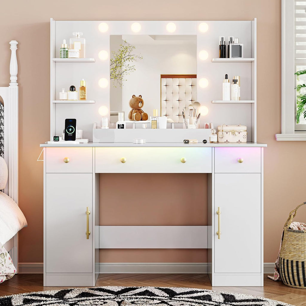 Vanity Desk with Mirror and Lights, 43'' Makeup Dressing Table Set with 5 Drawers & Power Outlet, 3 Lighting Modes Brightness Adjustable, Vanity with RGB Ambient Light for Women Girls Bedroom, White