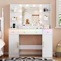 Vanity Desk with Mirror and Lights, 43'' Makeup Dressing Table Set with 5 Drawers & Power Outlet, 3 Lighting Modes Brightness Adjustable, Vanity with RGB Ambient Light for Women Girls Bedroom, White