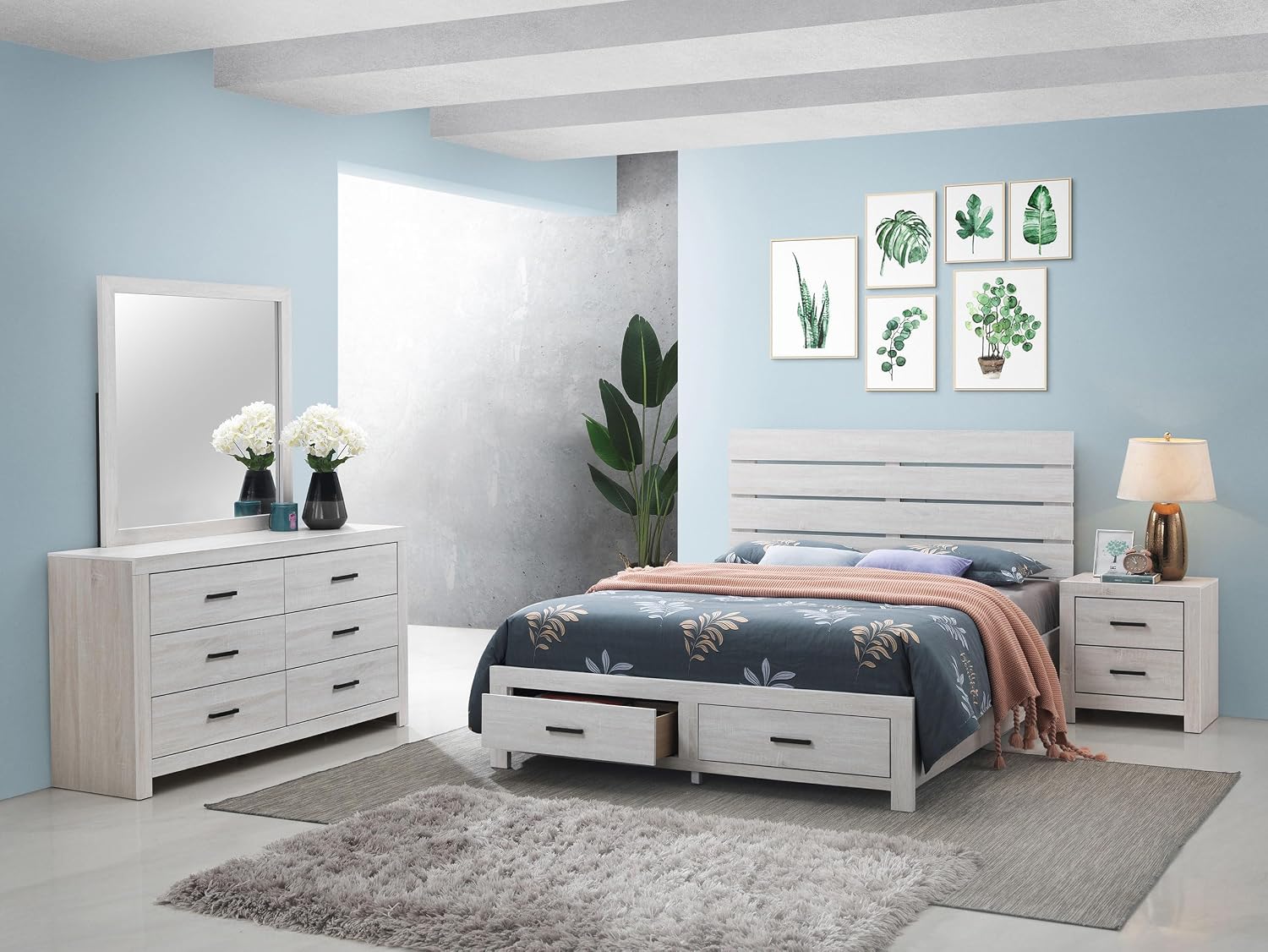 Coaster Home Furnishings Brantford Farmhouse 4-Piece Bedroom Set Queen Size Storage Panel Bed Frame 49-inch Headboard Coastal White 207050Q-S4