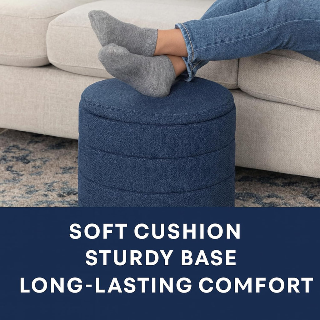 Round Ottoman with Storage – Elegant Durable Linen Upholstered Footrest Bench for Living Room, Cylinder Vanity Stool – Dark Blue