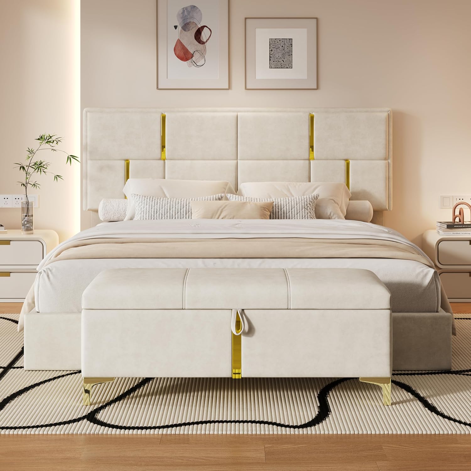 GDFStudio Gomar 2-Piece Bedroom Sets, Queen Size Storage Bed Frame with Hydraulic Lift & Ottoman Bench, Velvet Upholstered Platform Bed, Soft Fabric Headboard, No Spring Box Needed, Gold Decor, Beige