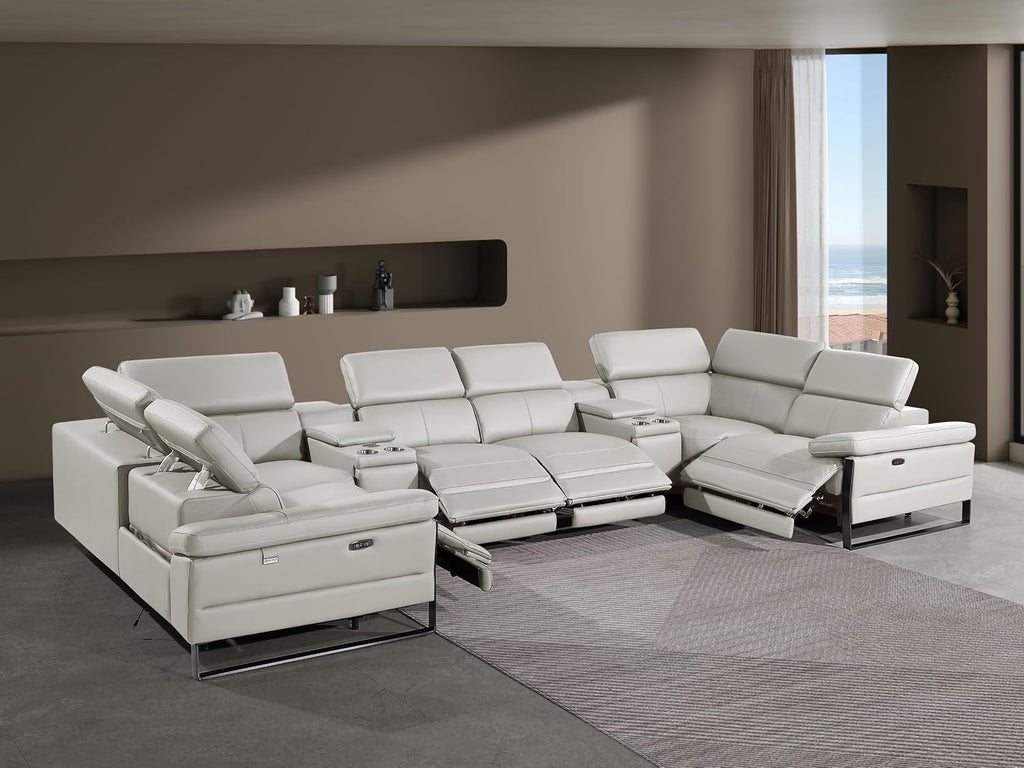 BlackJack Furniture Antonio 8 Piece U Shaped Power Reclining Sectional Sofa, Modular Couch with Top Grain Italian Leather, 4 Electric Recliners, USB & Wireless Chargers, Storage Console, Light Grey