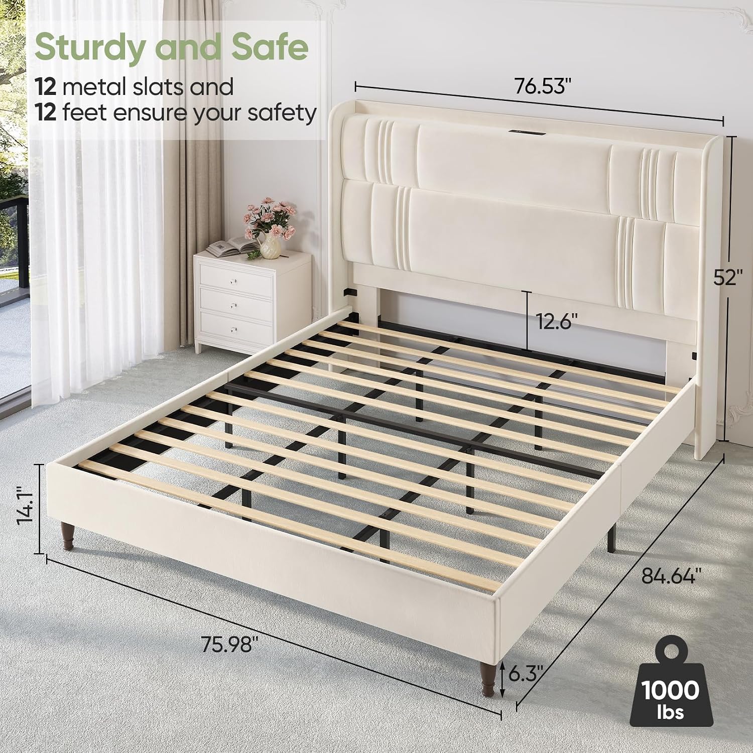 King Size Bed Frame and Tall Headboard, 52' Upholstered Platform Bed Frame with Charging Station, Luxury Velvet Bed Frames/Curved Wingback Headboard, No Box Spring Needed, Easy Assembly, Sturdy, Beige