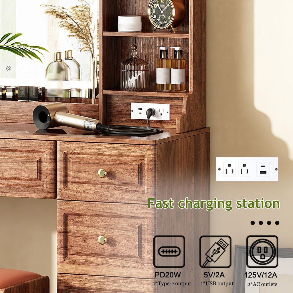 Arulvmrn 43' Makeup Vanity Desk with Mirror and Lights, & Power Outl, Glass Top Big Vanity Table with 9 Drawers& 8 Storage Shelves, Dressing Table Set with Chair for Bedroom, Brown