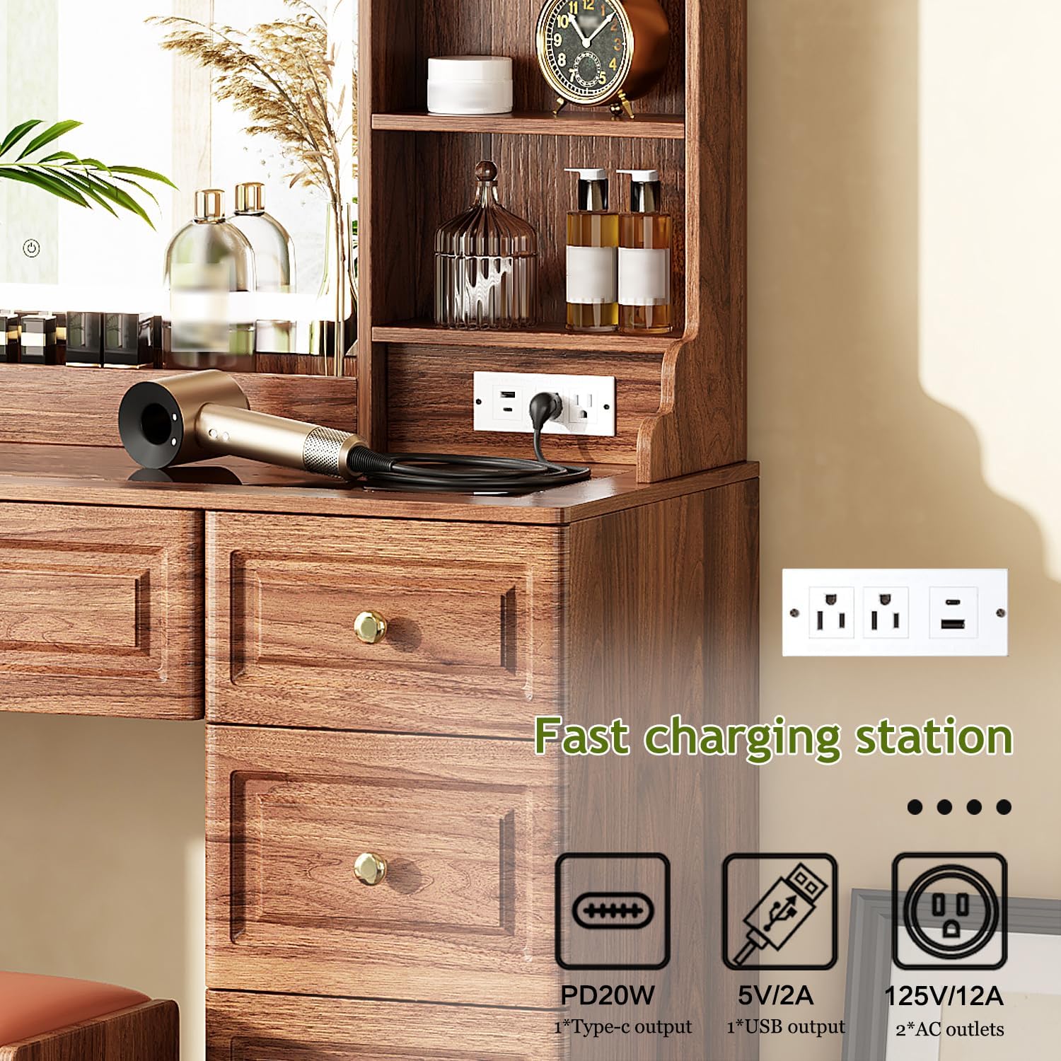Arulvmrn 43' Makeup Vanity Desk with Mirror and Lights, & Power Outl, Glass Top Big Vanity Table with 9 Drawers& 8 Storage Shelves, Dressing Table Set with Chair for Bedroom, Brown