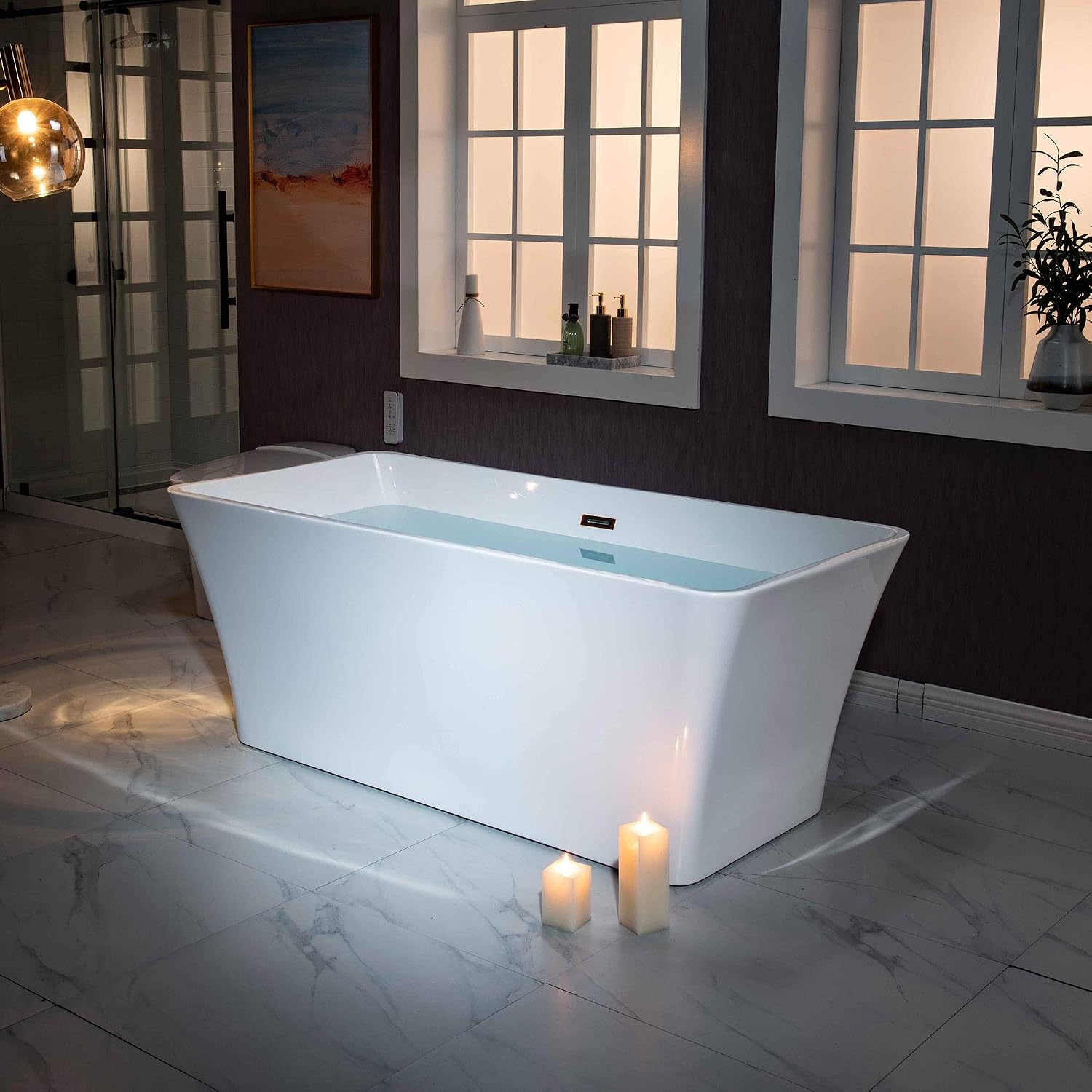 WOODBRIDGE 59' Acrylic Freestanding Bathtub Contemporary Soaking White Tub with Oil Rubbed Bronze Overflow and Drain，BTA1509 -ORB-Drain &O