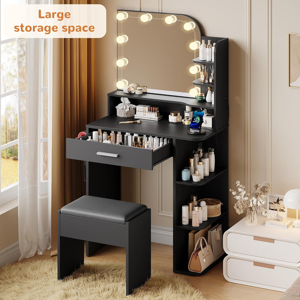wanan Makeup Vanity with Chair, Small Vanity Desk with Mirror and Lights 3 Colors, Girls Vanity Set with Power Outlet, Compact Vanity Table for Small Space, Black