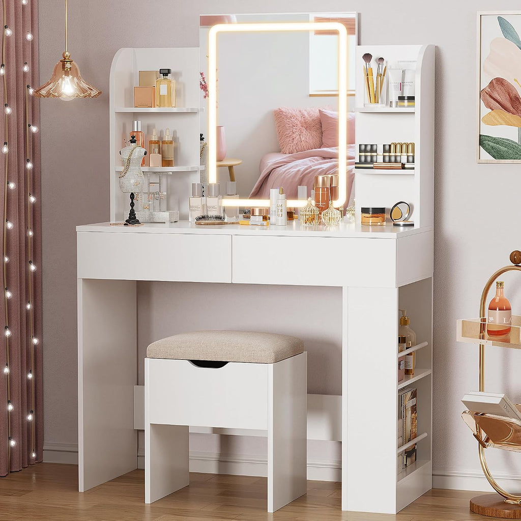 YESHOMY Makeup Vanity, Mirror Jewelry Cabinet, Lockable Swivel Storage Organizer Armoire with LED Light Shelves, White