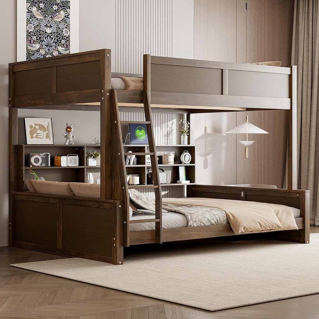 Full XL Over Queen Bunk Bed with Storage Cabinets and USB Ports, Solid Pine Wood Frame, Safety Guard Rails, No Box Spring Needed (Wood2, Full XL Over Queen)