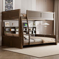 Full XL Over Queen Bunk Bed with Storage Cabinets and USB Ports, Solid Pine Wood Frame, Safety Guard Rails, No Box Spring Needed (Wood2, Full XL Over Queen)