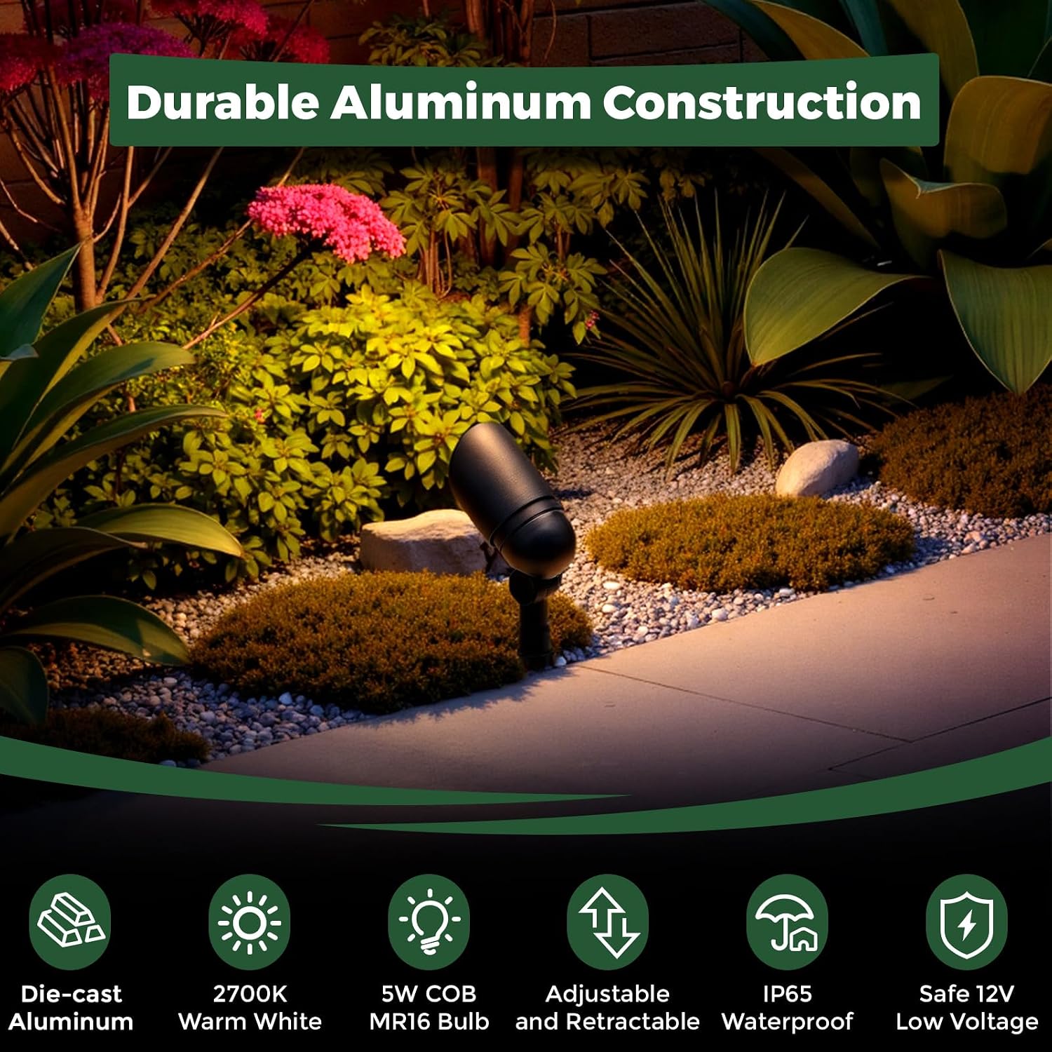 Gardencoin Low Voltage Landscape Spotlight, 12V LED Outdoor Landscape Lighting, Landscape Spot Lights Wired for Garden and Yard, Aluminum Up Lighting Fixture with 5W MR16 Replaceable Bulb (12 Pack)