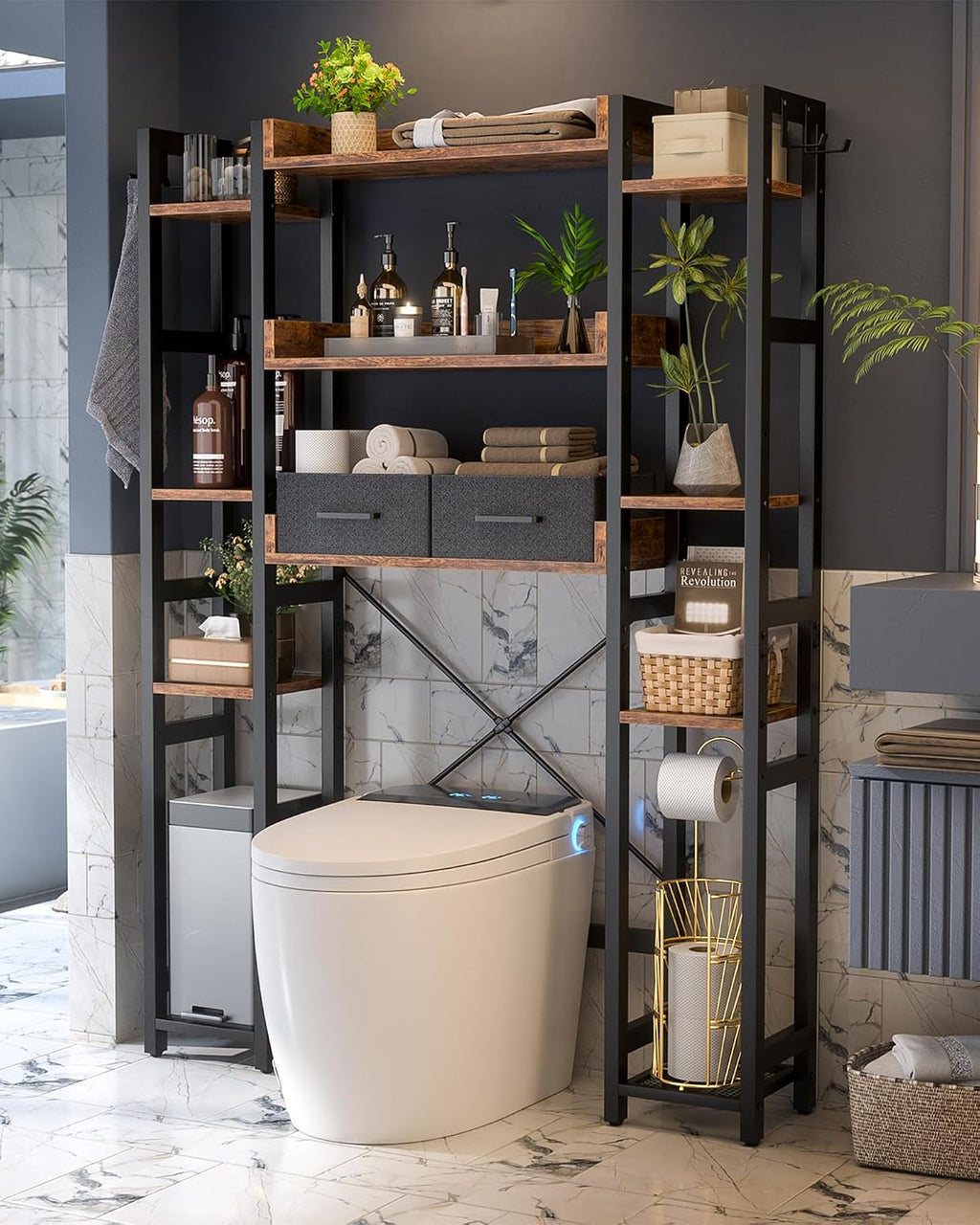 Besiost Over The Toilet Storage, 11 Tier Bathroom Organizer with Dual Side Racks and 2 Fabric Drawers, Adjustable Freestanding Rack Space Saver for Small Spaces, Rustic Brown