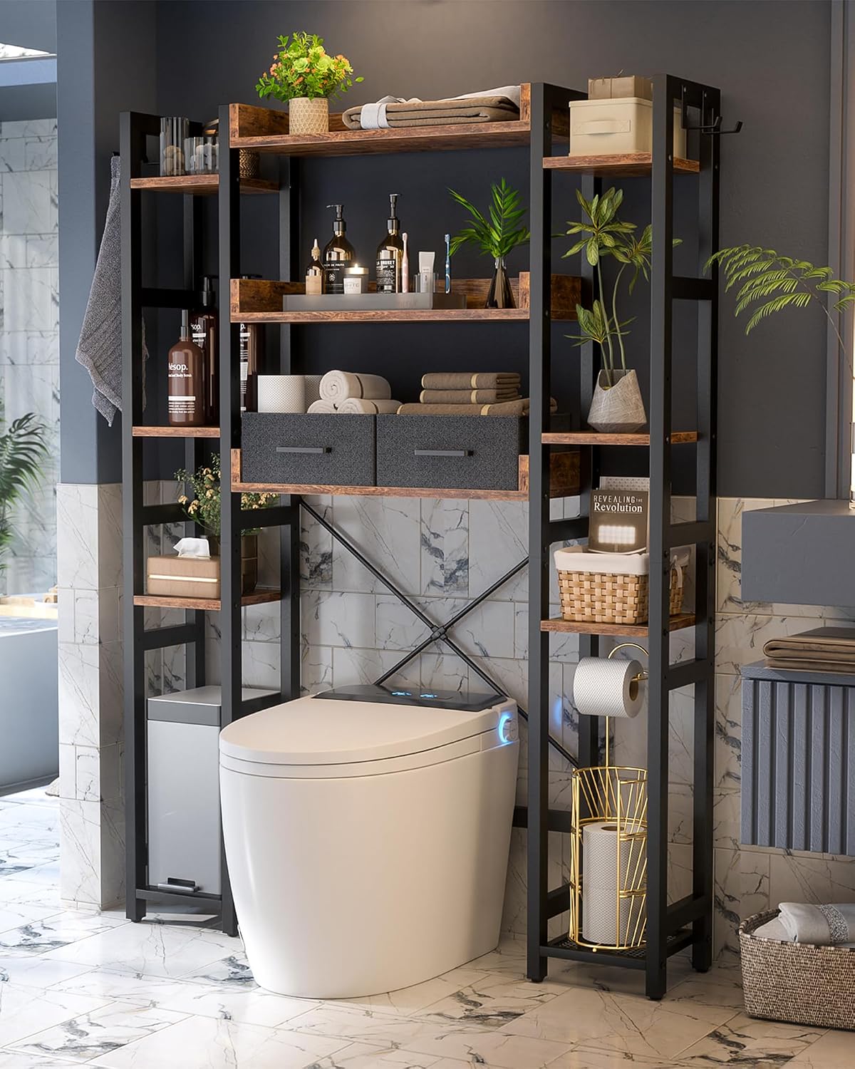 Besiost Over The Toilet Storage, 11 Tier Bathroom Organizer with Dual Side Racks and 2 Fabric Drawers, Adjustable Freestanding Rack Space Saver for Small Spaces, Rustic Brown