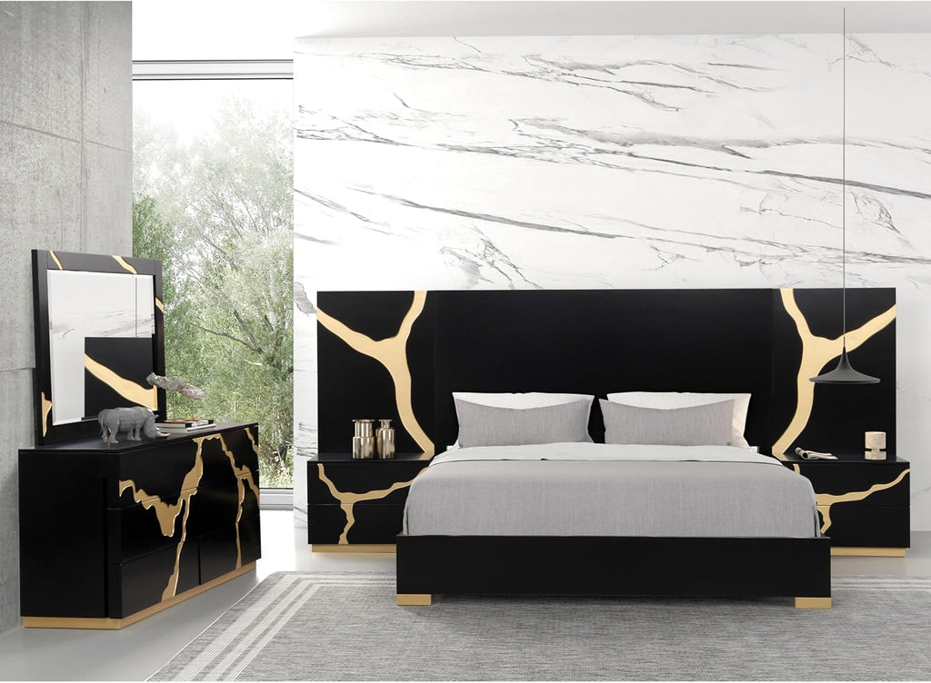 Furniture of America Quanta Modern Wood 5-Piece Bedroom Set with Panel Headboard and Gold-Painted Pattern Extended Walls, Felt-Lined Top Drawer, No Box Spring Needed, King, Black