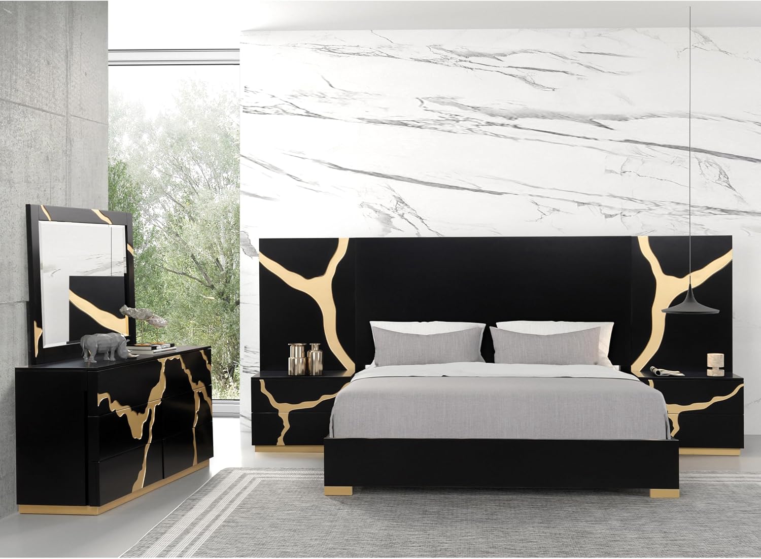 Furniture of America Quanta Modern Wood 5-Piece Bedroom Set with Panel Headboard and Gold-Painted Pattern Extended Walls, Felt-Lined Top Drawer, No Box Spring Needed, King, Black