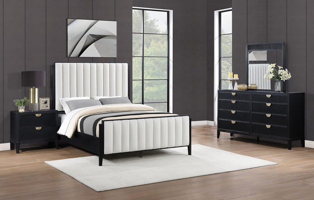 Coaster Home Furnishings Brookmead Transitional 4-Piece Bedroom Set Fabric Upholstered Queen Size Panel Bed Frame 60-inch Headboard Black 224710Q-S4