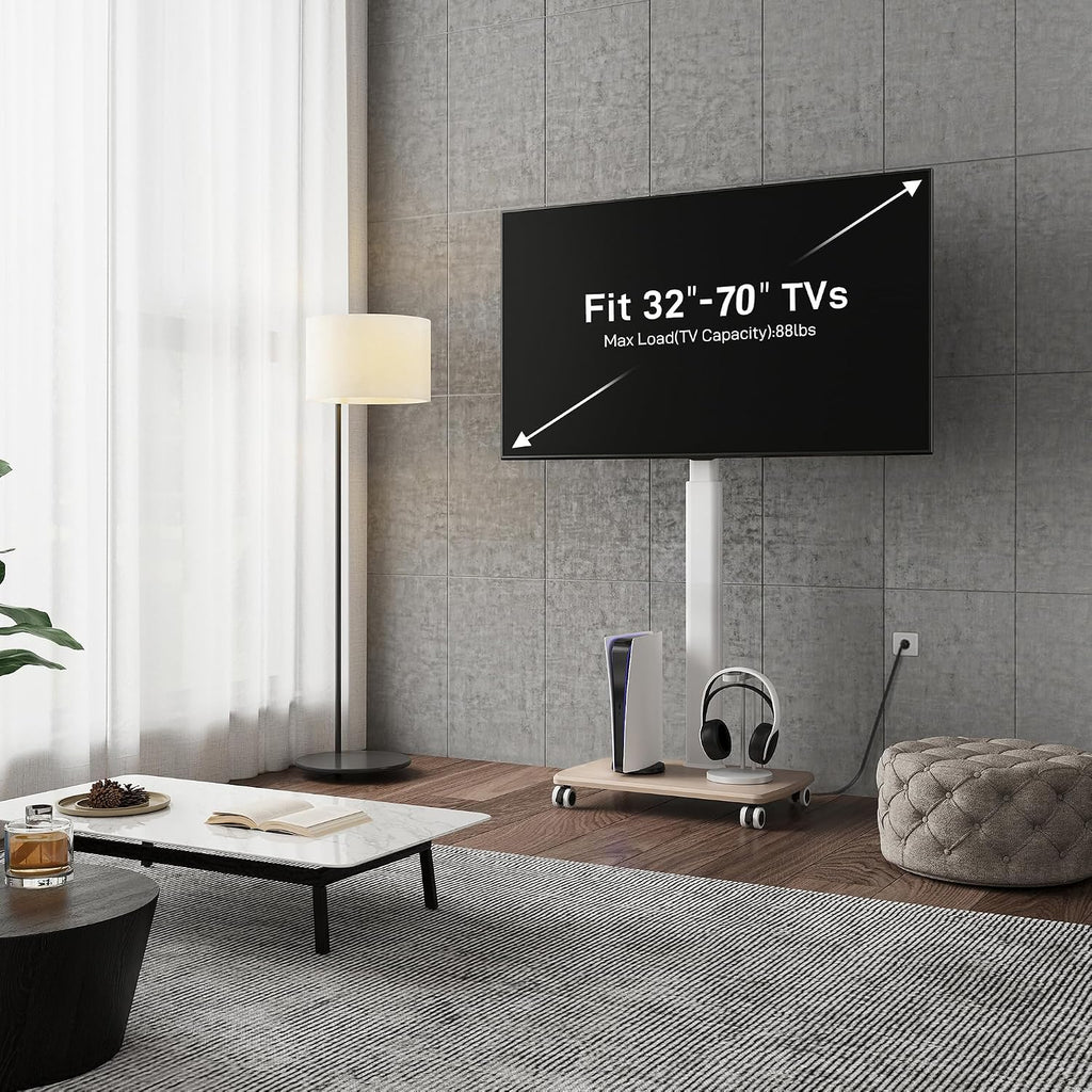 FITUEYES Rolling TV Stand with Power Outlets, Swivel Portable TV Stand for 32-70 Inch LCD LED OLED Flat/Curved Panel Screen TVs, Height Adjustable&Wood Base, Mobile TV Cart Holds up to 88Lbs