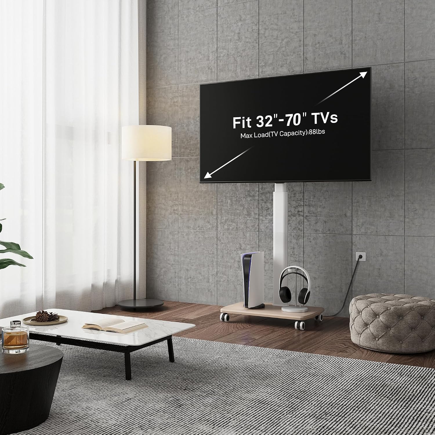 FITUEYES Rolling TV Stand with Power Outlets, Swivel Portable TV Stand for 32-70 Inch LCD LED OLED Flat/Curved Panel Screen TVs, Height Adjustable&Wood Base, Mobile TV Cart Holds up to 88Lbs