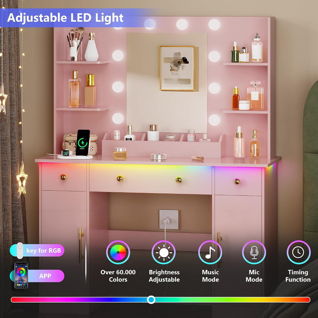 HUANLEGO Vanity Desk with Mirror and Lights, Makeup Vanity with Mirror and LED Lights & Power Outlet, 3 Drawers and Cabinets, 3 Lighting Modes Dressing Table Set for Girls Women Bedroom,Pink