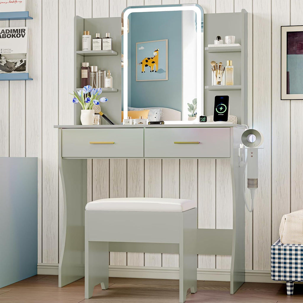 Vanity Desk with LED Lights Mirror & Power Outlet, Small Makeup Vanity Table Set with Storage Drawers & Chair, 3 Lighting Modes & Adjustable Brightness, Dressing Table for Women Girls Bedroom, Green