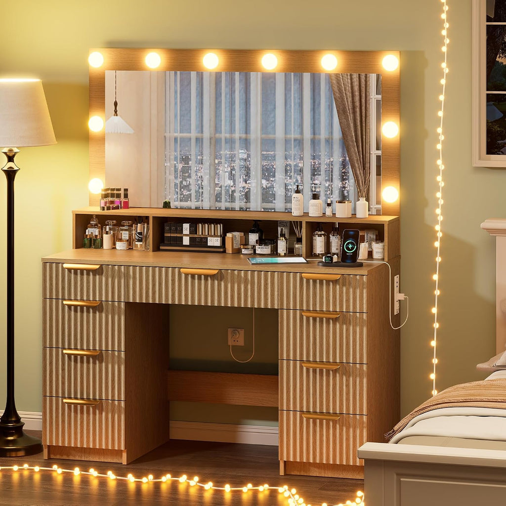 Fluted Vanity Desk with Mirror and Lights, Modern Make up Vanity Dressing Table with 9 Drawers & Large Mirror, Large Vanity Desk with Charging Station for Girls, Women, Bedroom, Natural Oak