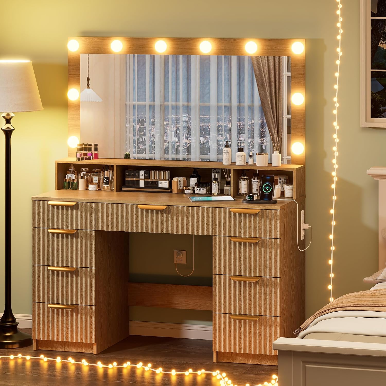 Fluted Vanity Desk with Mirror and Lights, Modern Make up Vanity Dressing Table with 9 Drawers & Large Mirror, Large Vanity Desk with Charging Station for Girls, Women, Bedroom, Natural Oak