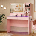 Vanity Desk, Makeup Vanity Desk with Mirror and Lights, Transparent Top with LED Multiple Color Lights, Mirror 3 Color Modes 2 Drawers, Power Outlet, Dressing Table for Girls Bedroom, Pink