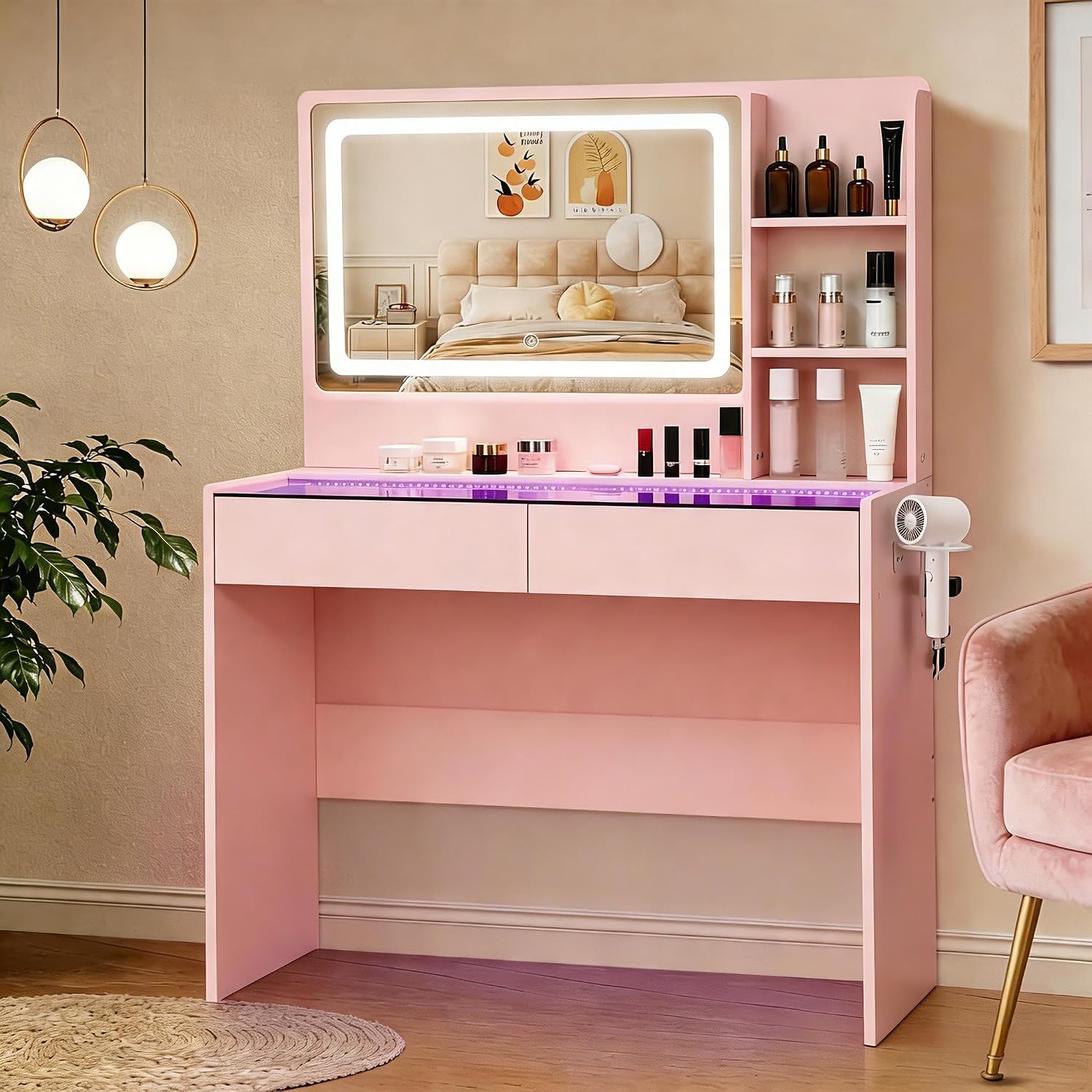 Vanity Desk, Makeup Vanity Desk with Mirror and Lights, Transparent Top with LED Multiple Color Lights, Mirror 3 Color Modes 2 Drawers, Power Outlet, Dressing Table for Girls Bedroom, Pink