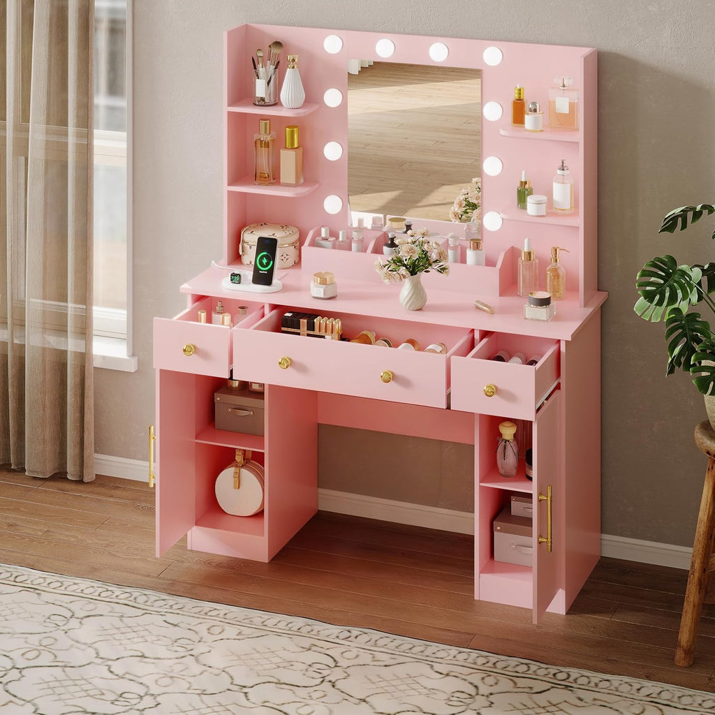 HUANLEGO Vanity Desk with Mirror and Lights, Makeup Vanity with Mirror and LED Lights & Power Outlet, 3 Drawers and Cabinets, 3 Lighting Modes Dressing Table Set for Girls Women Bedroom,Pink