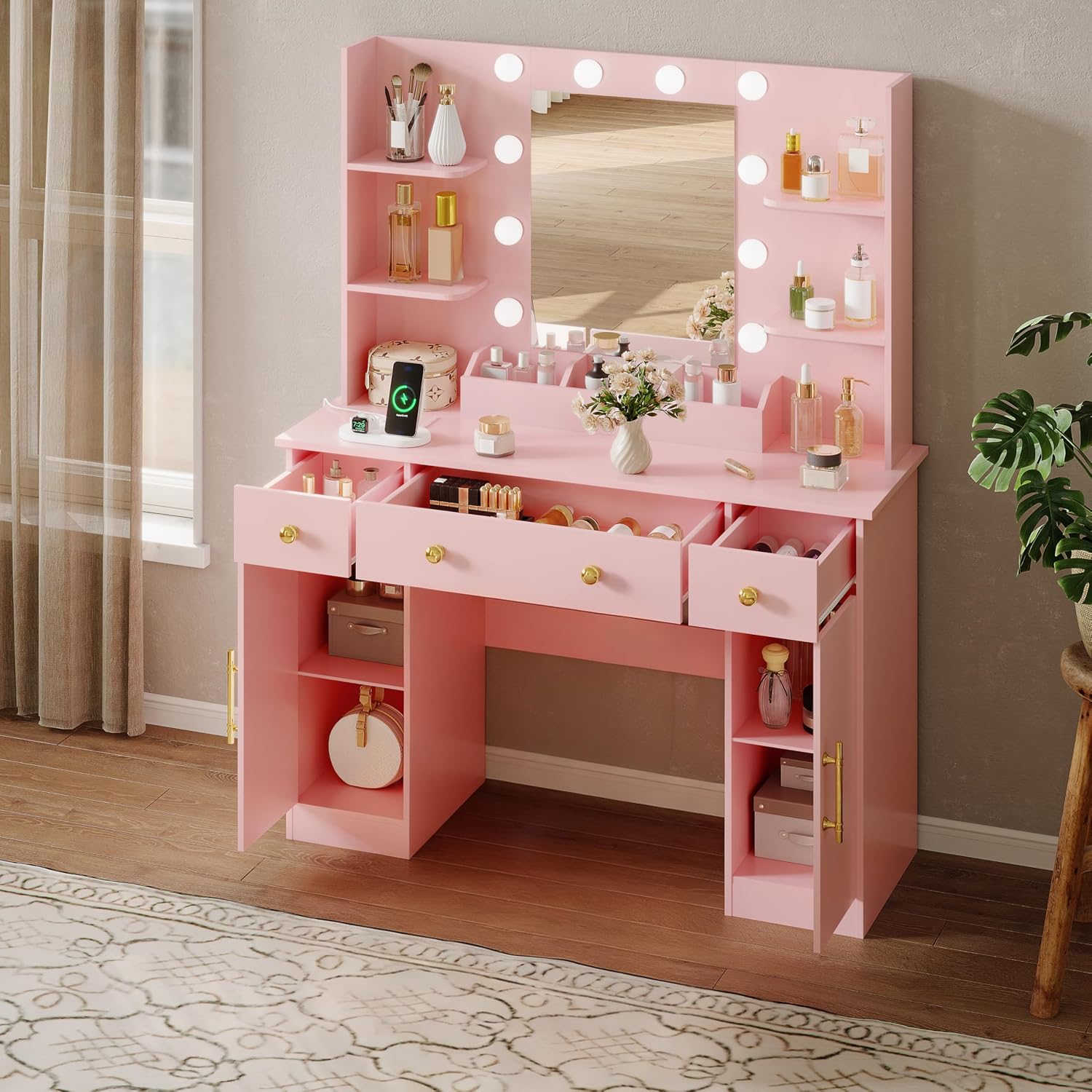 HUANLEGO Vanity Desk with Mirror and Lights, Makeup Vanity with Mirror and LED Lights & Power Outlet, 3 Drawers and Cabinets, 3 Lighting Modes Dressing Table Set for Girls Women Bedroom,Pink