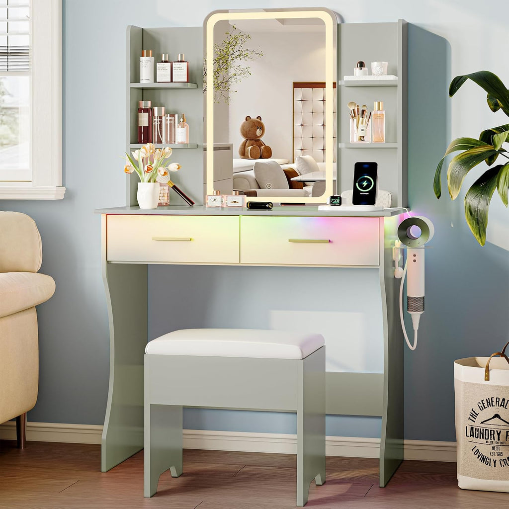 Vanity Desk with LED Lights Mirror & Power Outlet, Small Makeup Vanity Table Set with Storage Drawers & Chair, 3 Lighting Modes & Adjustable Brightness, Dressing Table for Women Girls Bedroom, Green