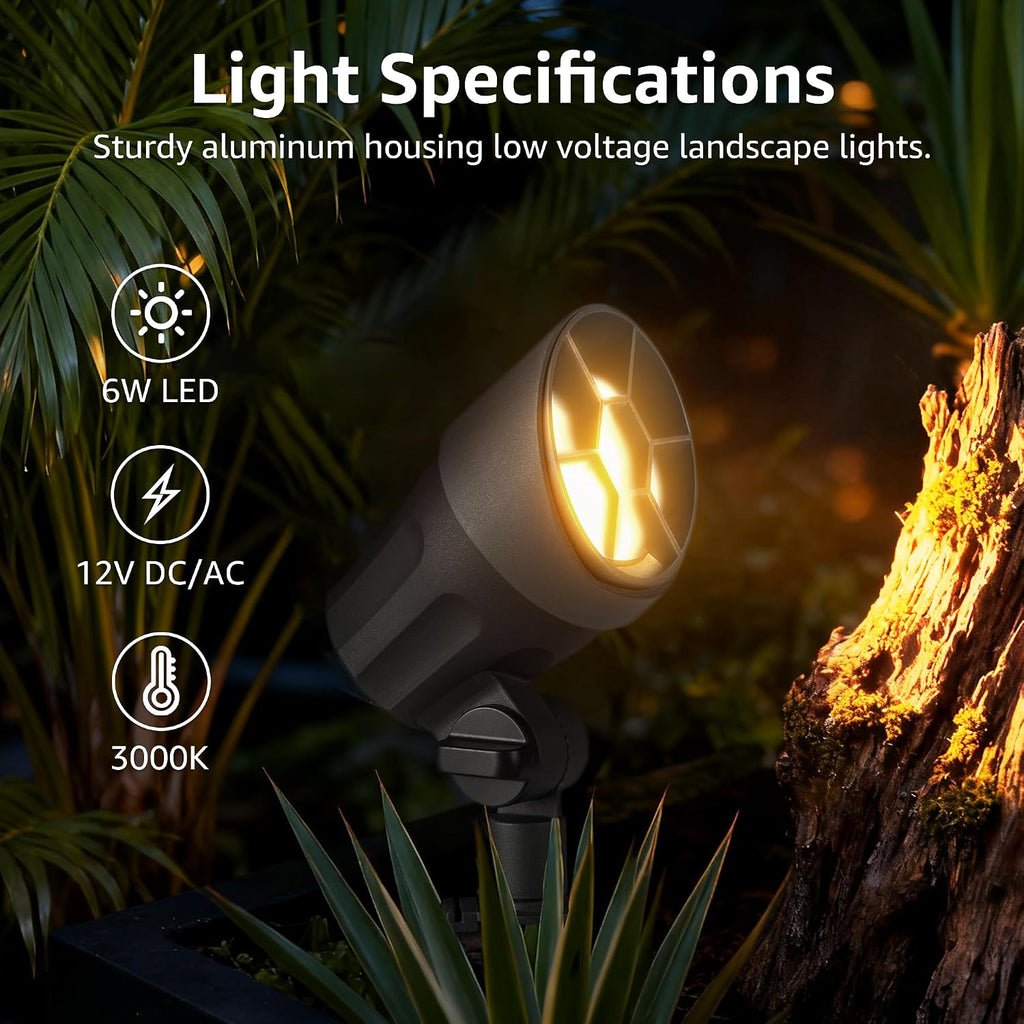 SUNVIE All-in-One Low Voltage Landscape Lighting Kit, 6W Landscape Lights Wired Aluminum 3000K with Transformer 100FT Wire, 12-24V Waterproof Outdoor Spotlight for Garden Yard House Tree, 8 Pack