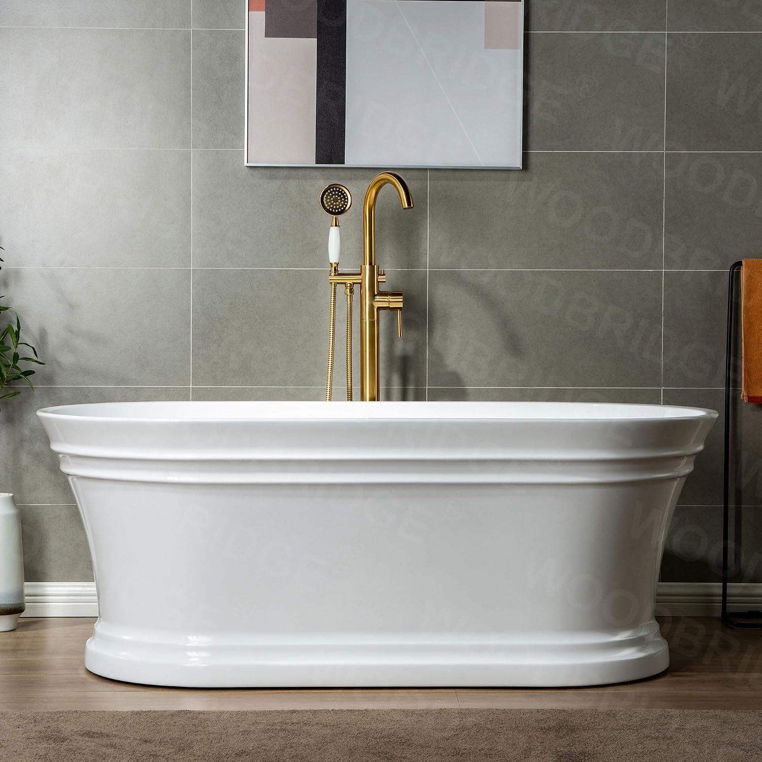 WOODBRIDGE 59'Freestanding White Acylic Soaking Bathtub with White Pillow,Drain and Overflow inBrushed Gold,BTA1536 -BG-Drain &O+ Pillow