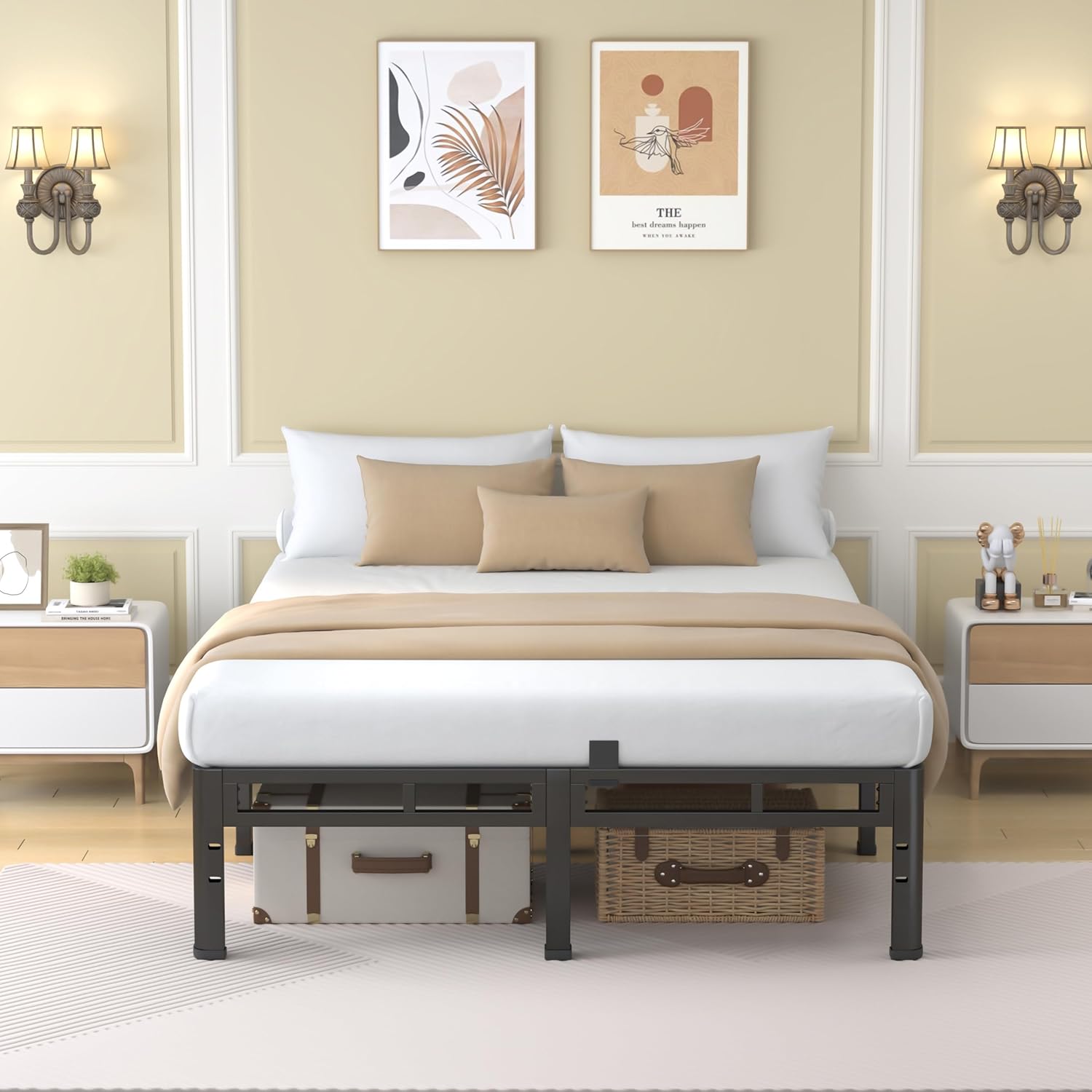 NKZ 12 Inch Full Size Bed Frame, Metal Bed Frame & Box Spring 2 in 1 Platform with Round Corner Legs, 4000Lbs Heavy Duty Metal Frame, Mattress Slide Stopper, Headboard Hole, Noise-Free, Easy Assembly