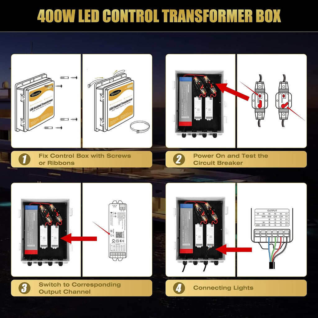 Goldlife C1 400W LED Control Transformer Box, AC110-265V to DC12V Low Voltage Transformer + RGB CCT 5in1 LED Controllers + RF Handheld/Panel Remoters for Pool Boat Landscape Outdoor Lights