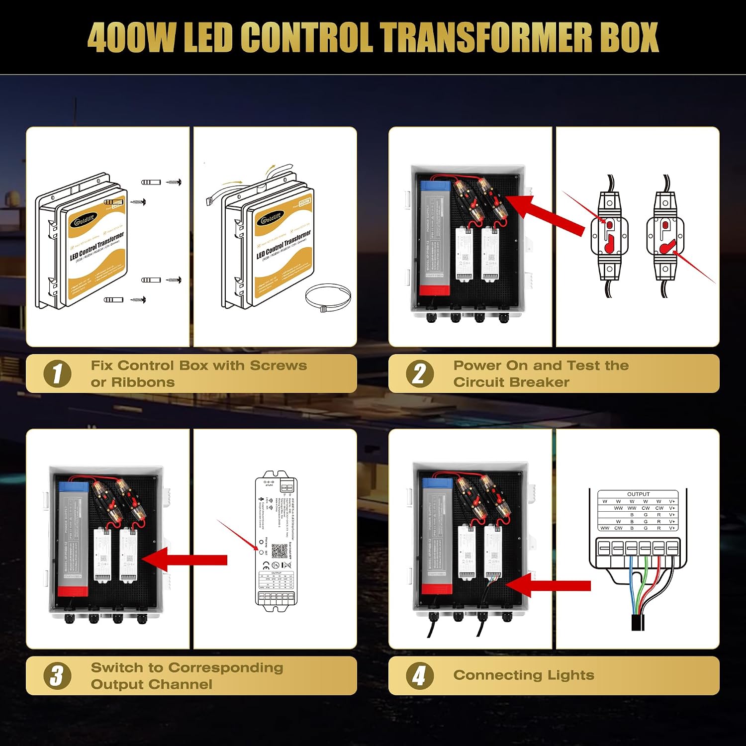 Goldlife C1 400W LED Control Transformer Box, AC110-265V to DC12V Low Voltage Transformer + RGB CCT 5in1 LED Controllers + RF Handheld/Panel Remoters for Pool Boat Landscape Outdoor Lights