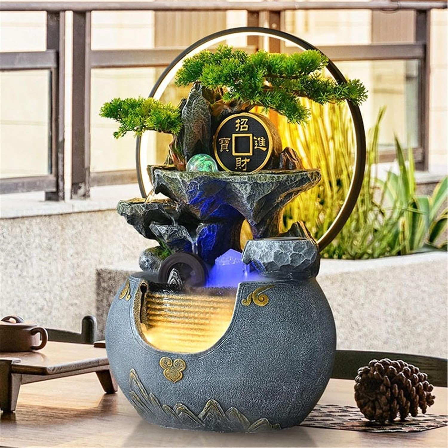 Tabletop Fountain Tabletop Water Fountain Rockery with Waterfall and Fountain Decorative Piece for Home Office Decor(Brown)