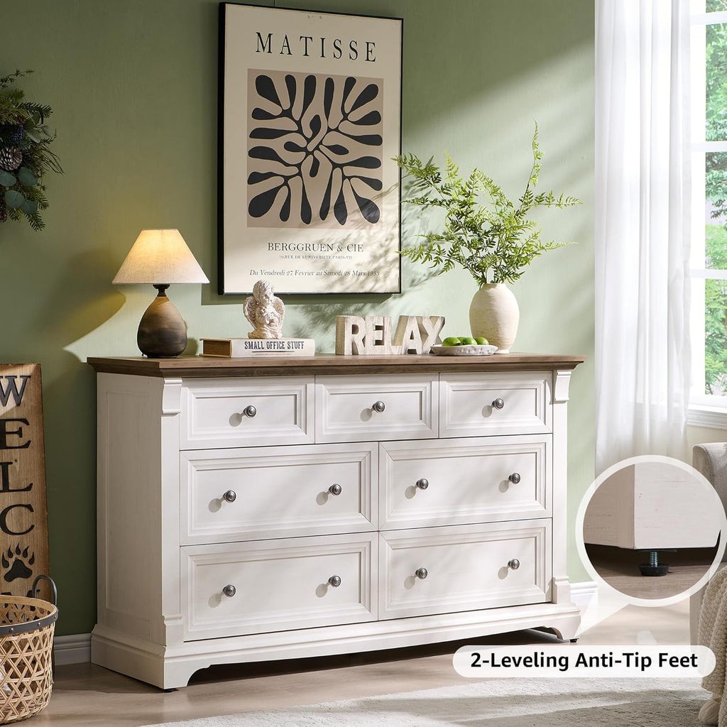 T4TREAM Farmhouse 7 Drawers Dresser for Bedroom, 54' Wide Wood Rustic Chest of Drawers w/Roman Column, Wooden Storage Dressers Organizer for Bedroom, Living Room, Closet, Antique White